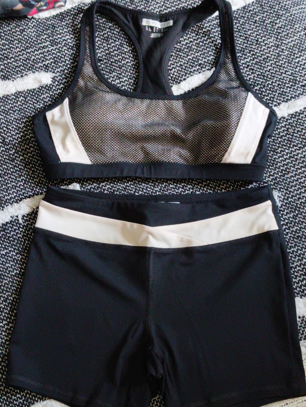 Forever 21 Black and Cream Mesh Racerback Sports Bra & Shorts Set